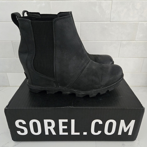 Sorel Joan of Arctic Wedge II Black Leather Ankle Boot Lea Bootie Waterproof 9.5 - Picture 1 of 9